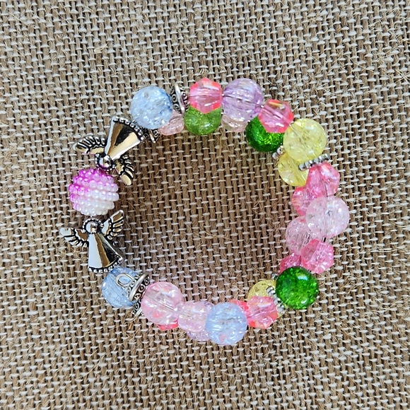 "SOLD" Hand Crafted Angel Wrap Bracelet S Crackled Beads Pink Green Yellow - Picture 4 of 9